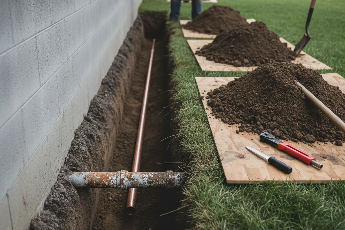 Excavated water line trench during Water Softener Installation in Nalcrest